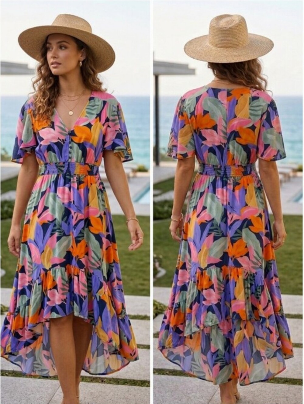 Abel The Label Floral Midi Dress Size L V Neck 100% Rayon EUC